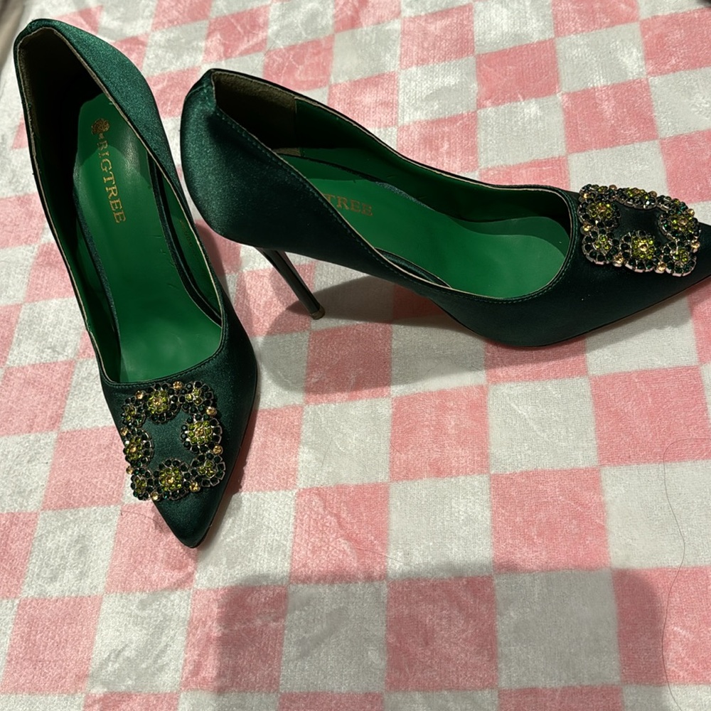 Green Satin High-Heel Pumps.